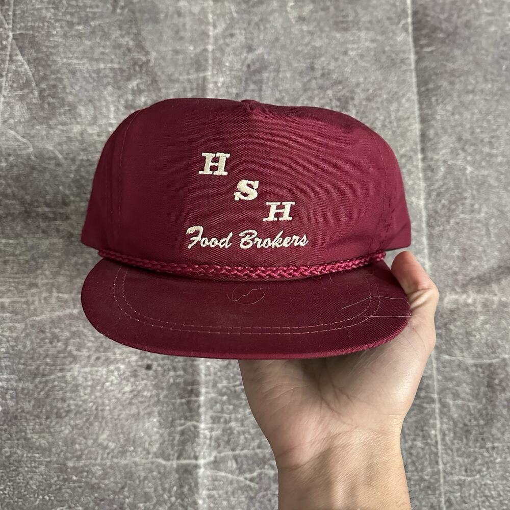Men's Vintage 80's HSH Food Brokers Maroon Red Trucker Rope Adjustable Hat Cap